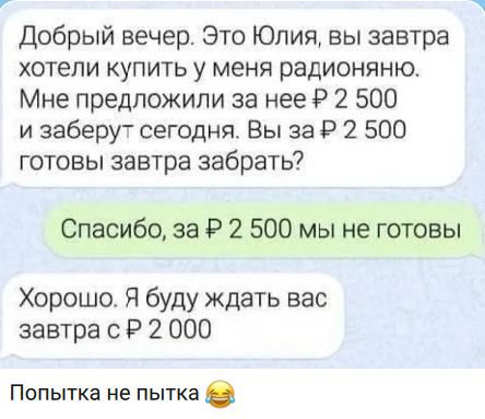 Добрый вечер. Это Юлия, вы завтра хотели купить у меня радионяни. Мне предложили за нее ₽ 2 500 и заберут сегодня. Вы за ₽ 2 500 готовы завтра забрать?
Спасибо, за ₽ 2 500 мы не готовы

Хорошо. Я буду ждать вас завтра с ₽ 2 000
Попытка не пытка 😂