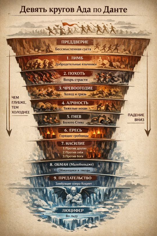 Девять кругов Ада по Данте
Преддверие; 1. Лимб; 2. Похоть; 3. ЧревоГО; 4. Аличность; 5. Гнев; 6. Ересь; 7. Насилие; 8. Обман; 9. Препятельство; ЛЮЦИФЕР