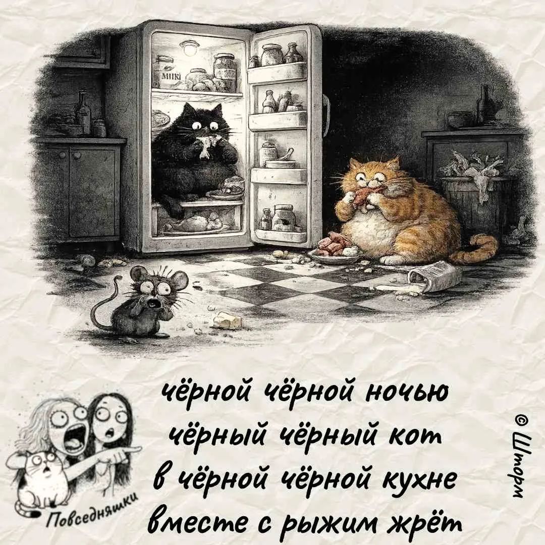 чёрной чёрной ночью чёрный чёрный кот в чёрной чёрной кухне вместе с рыжим жрёт