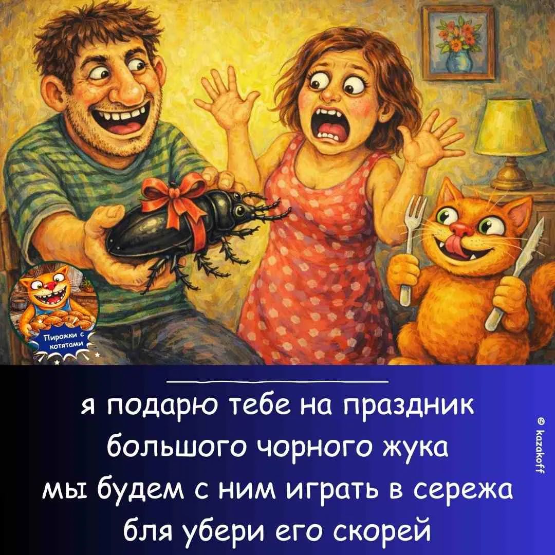 я подарю тебе на праздник большого чорного жука мы будем с ним играть в сережа бля убери его скорей Пирожки с котятами