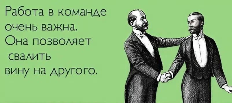 Работа в команде очень важна. Она позволяет свалить вину на другого.