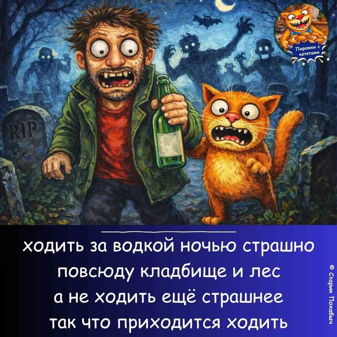 ходить за водкой ночью страшно повсюду кладбище и лес а не ходить ещё страшнее так что приходится ходить