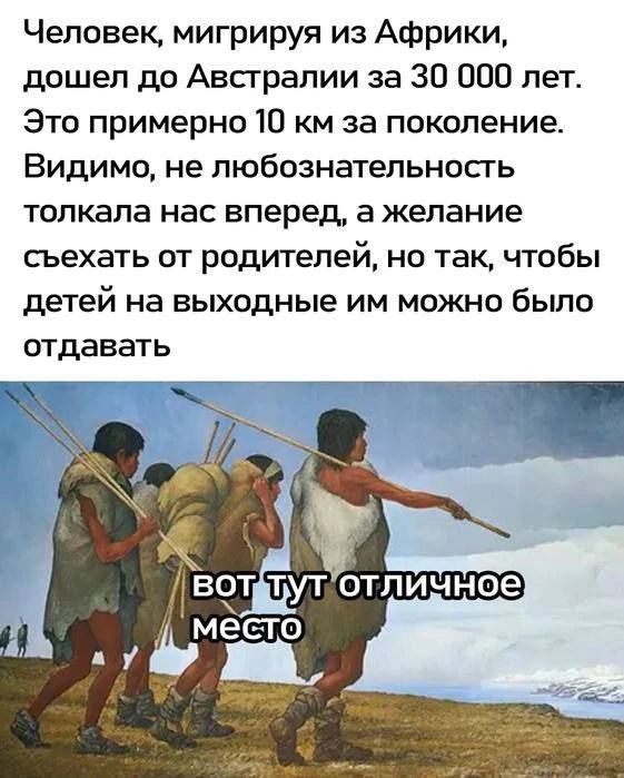 Человек, мигрируя из Африки, дошел до Австралии за 30 000 лет. Это примерно 10 км за поколение. Видимо, не любознательность толкала нас вперед, а желание съехать от родителей, но так, чтобы детей на выходные им можно было отдавать. Вот тут отличное место