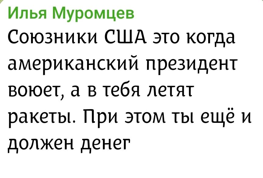 Илья Муромцев Союзники США это когда американский президент воюет, а в тебя летят ракеты. При этом ты ещё и должен денег