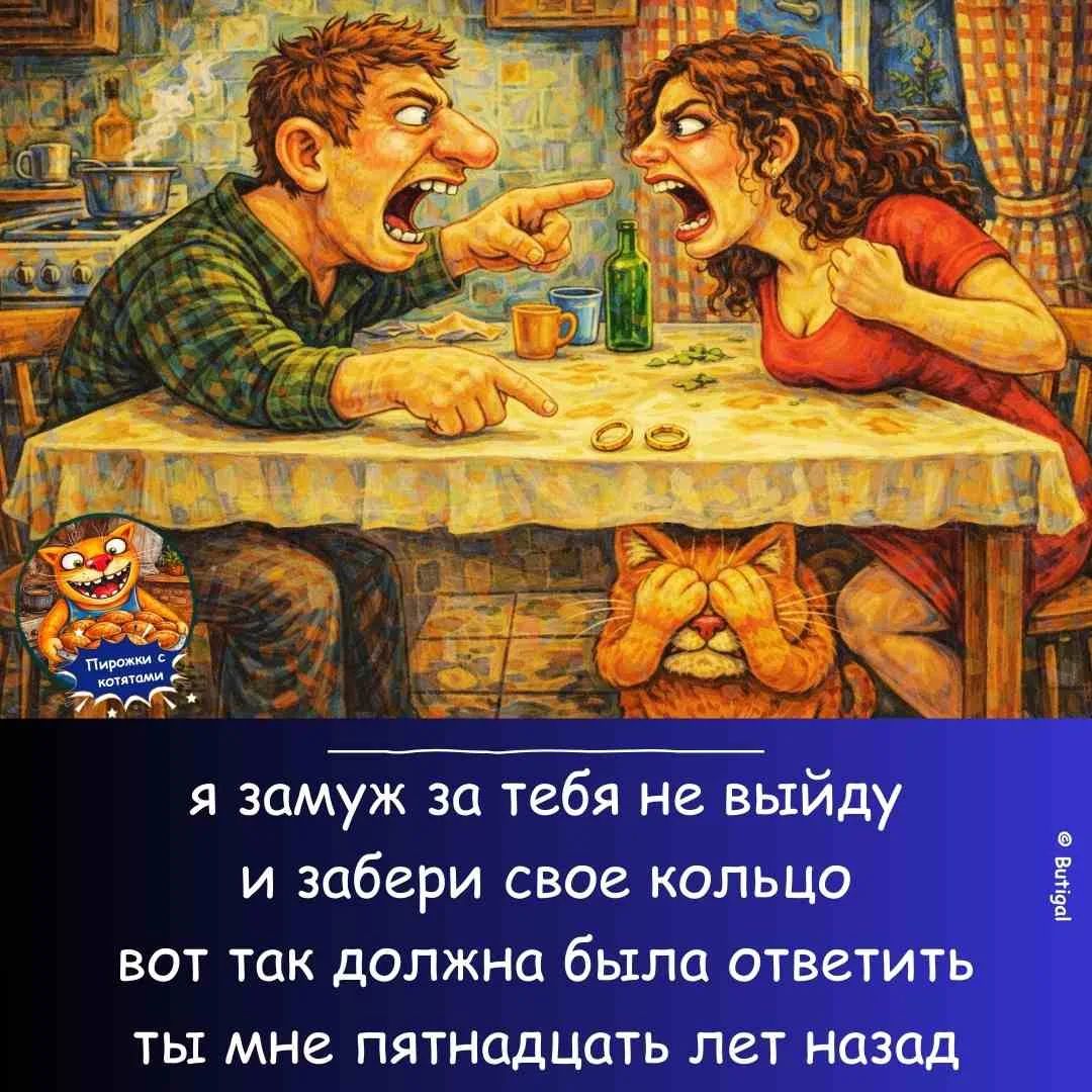 Мужчина и женщина кричат друг на друга за столом, на котором лежат два обручальных кольца. Под столом сидит кот, закрыв лапами глаза. Текст на изображении: «я замуж за тебя не выйду и забери свое кольцо вот так должна была ответить ты мне пятнадцать лет назад».