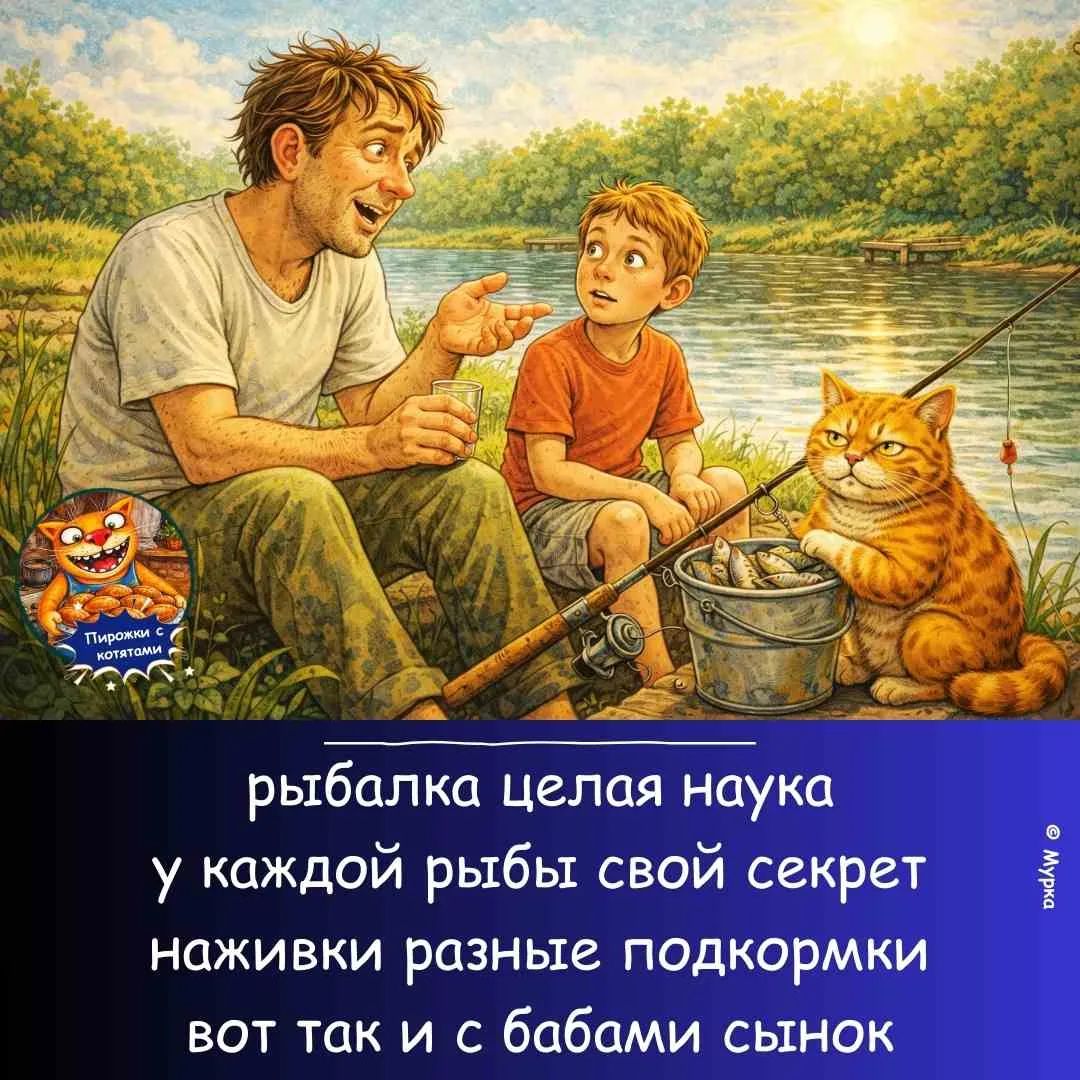 Пирожки с котятами. Рыбалка целая наука, у каждой рыбы свой секрет, наживки разные, подкормки. Вот так и с бабами, сынок.