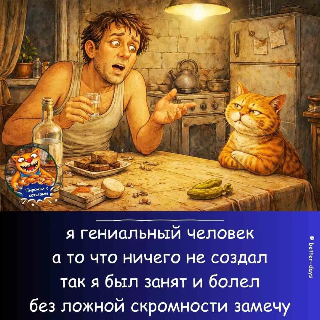 я гениальный человек а то что ничего не создал так я был занят и болел без ложной скромности замечу Пирожки с котятами