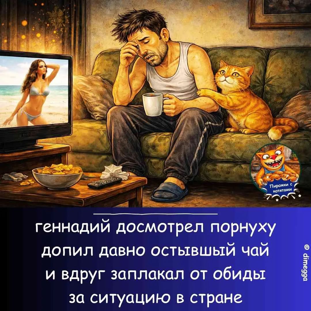 Геннадий досмотрел порнуху допил давно остывший чай и вдруг заплакал от обиды за ситуацию в стране. Пирожки с котятами.