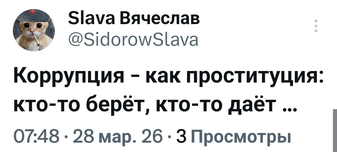 Slava Вячеслав @SidorowSlava Коррупция - как проституция: кто-то берёт, кто-то даёт ... 07:48 · 28 мар. 26 · 3 Просмотры