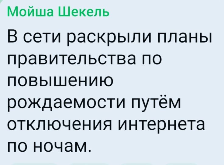 Мойша Шекель
В сети раскрыли планы правительства по повышению рождаемости путём отключения интернета по ночам.