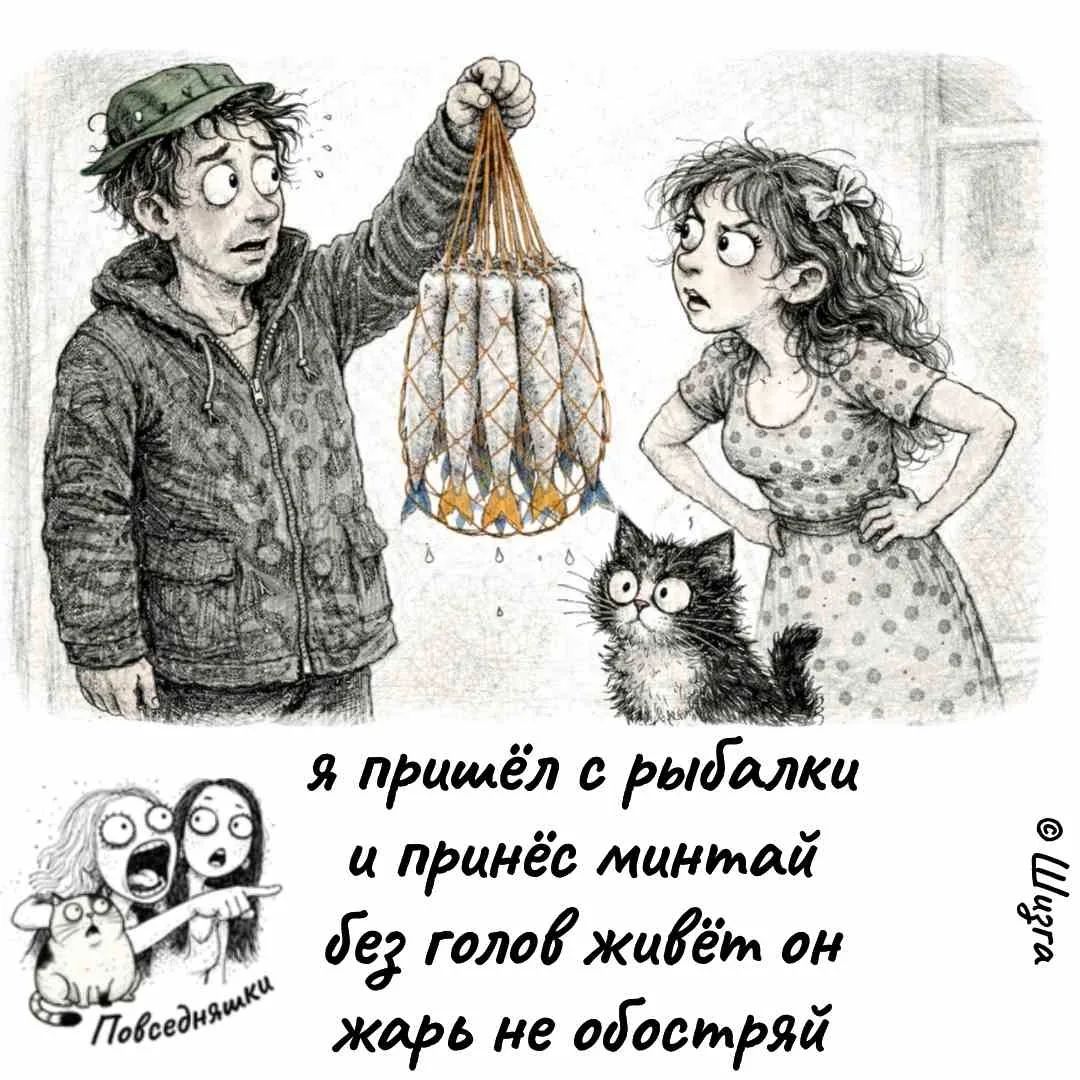я пришёл с рыбалки и принёс минтай без голов живёт он жарь не обостряй Повседневняшки Шугра