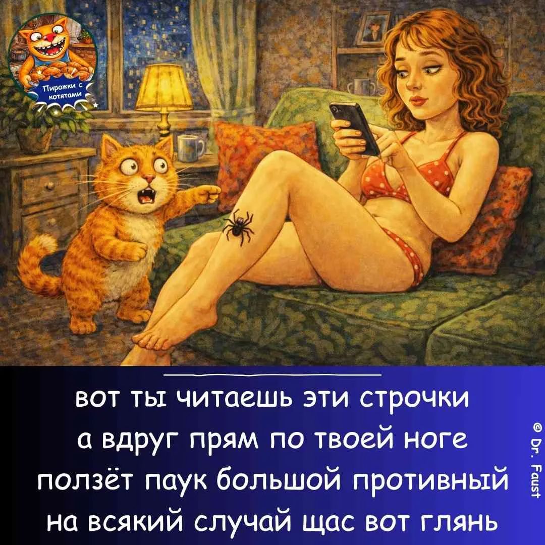 Пирожки с котятами вот ты читаешь эти строчки а вдруг прям по твоей ноге ползёт паук большой противный на всякий случай щас вот глянь