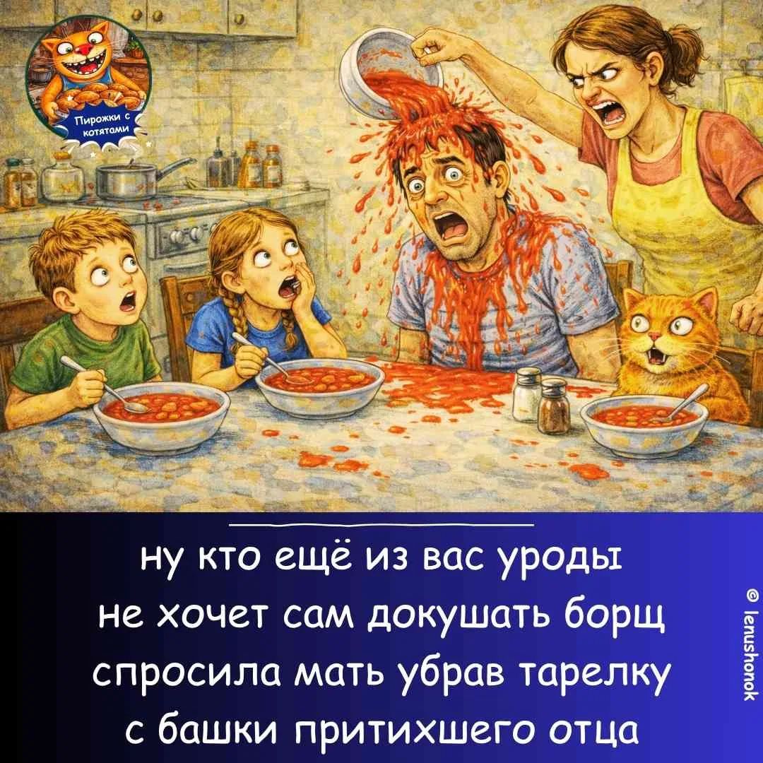 ну кто ещё из вас уроды не хочет сам докушать борщ спросила мать убрав тарелку с башки притихшего отца