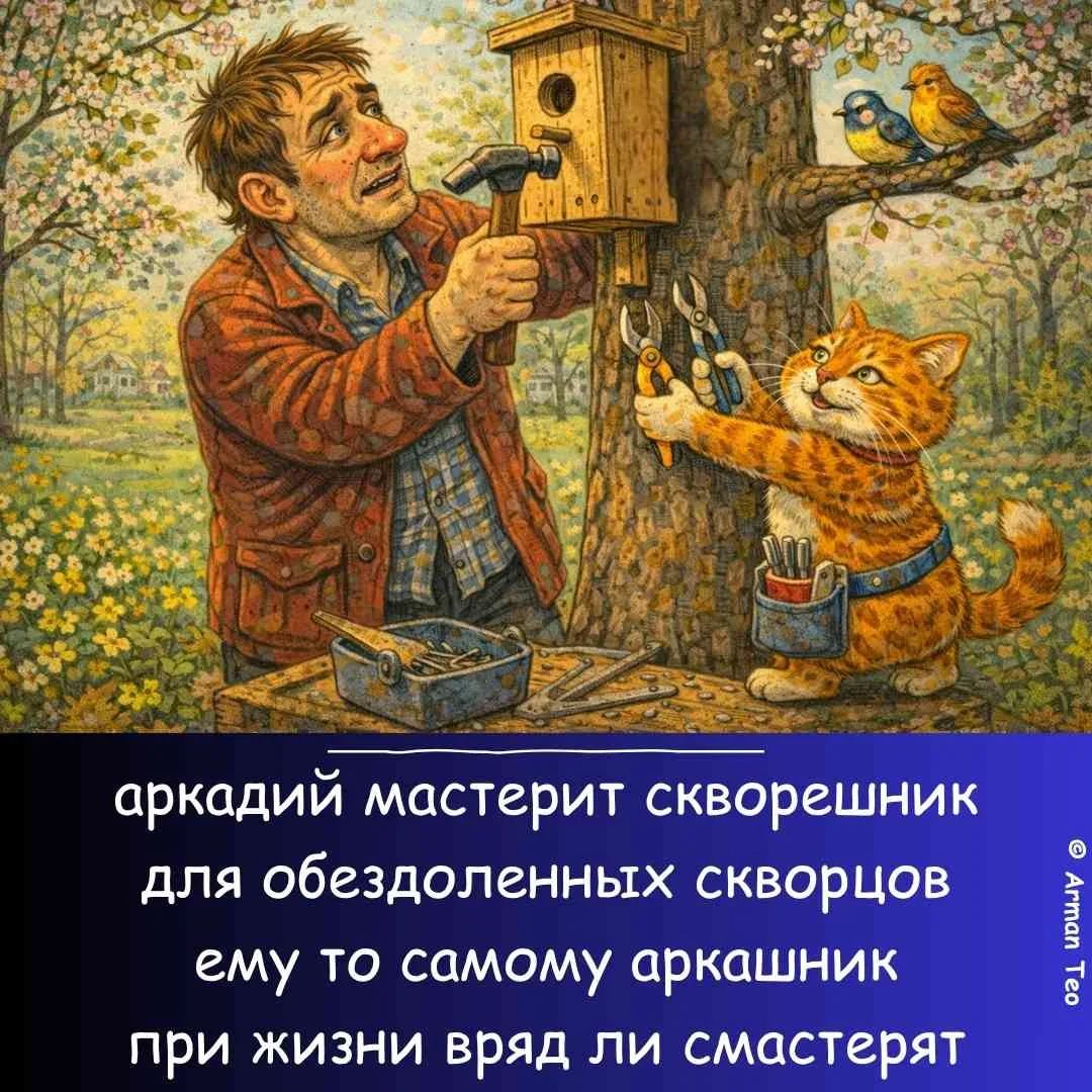 аркадий мастерит скворешник для обездоленных скворцов ему то самому аркашник при жизни вряд ли смастерят
