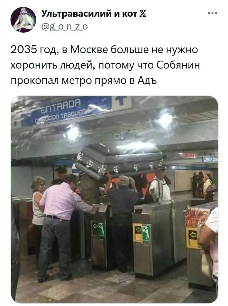 Ультравасилий и кот Х @g_o_n_z_o 2035 год, в Москве больше не нужно хоронить людей, потому что Собянин прокопал метро прямо в Адъ ENTRADA DIRECCION TASQUENA