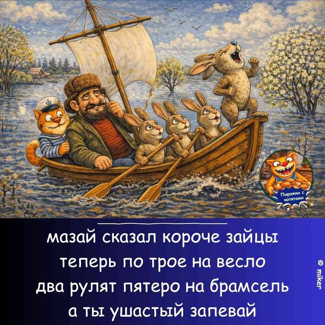 мазай сказал короче зайцы теперь по трое на весло два рулят пятеро на брамсель а ты ушастый запевай. Пирожки с котятами.