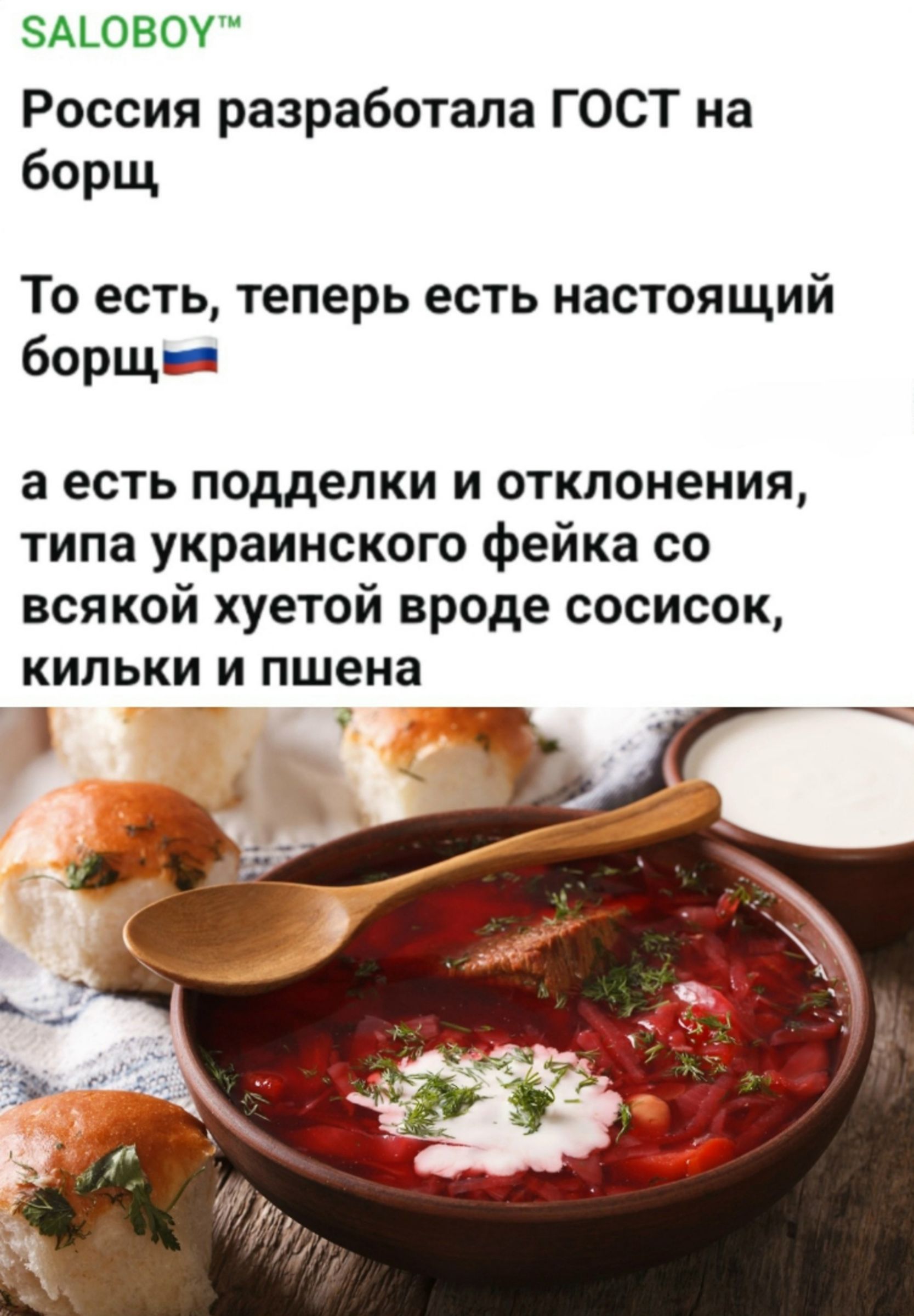 SALOBOY™ Россия разработала ГОСТ на борщ То есть, теперь есть настоящий борщ 🇷🇺 а есть подделки и отклонения, типа украинского фейка со всякой хуетой вроде сосисок, кильки и пшена