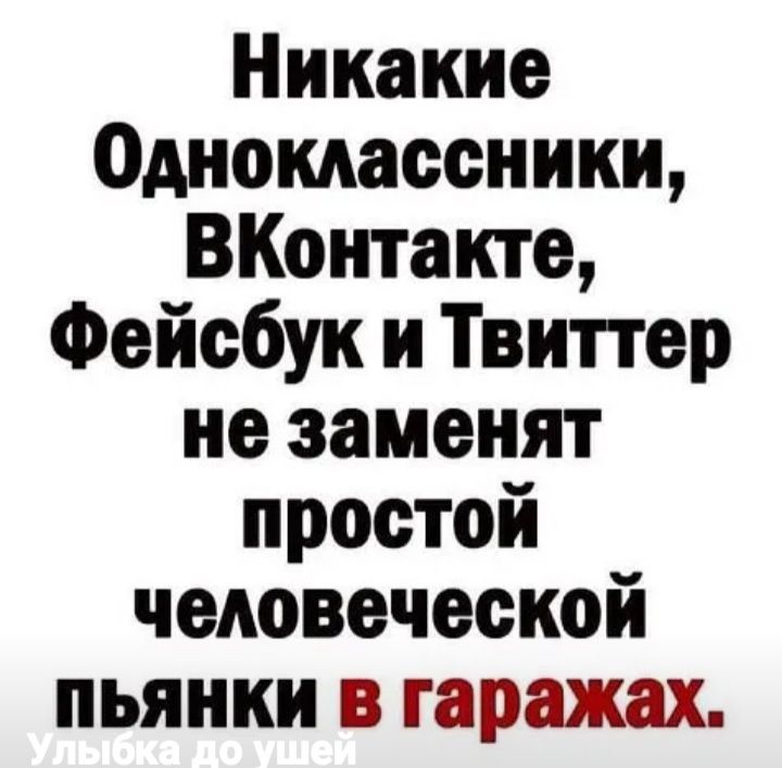 Никакие Одноклассники ВКонтакте Фейсбук и Твиттер не заменят простой человеческой пьянки в гаражах