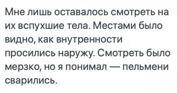 Мне лишь оставалось смотреть на их вспухшие тела Местами было видно как внутренности просились наружу Смотреть было мерзко но я понимал пельмени сварипись