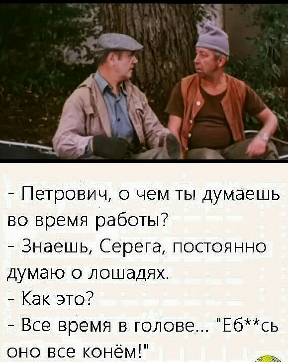 Петрович о чем ты думаешь во время работы Знаешь Серега постоянно думаю о лошадях Как это Все время в голове Ебсь оно все конём Ж