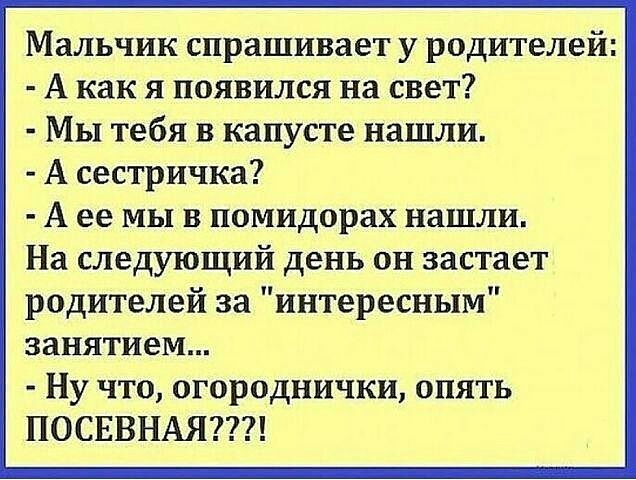 Мальчик спрашивает у родителей А как я появился на свет Мы тебя в капусте нашли А сестричка А ее мы в помидорах нашли На следующий день он застает родителей за интересным занятием Ну что огороднички опять ПОСЕВНАЯ