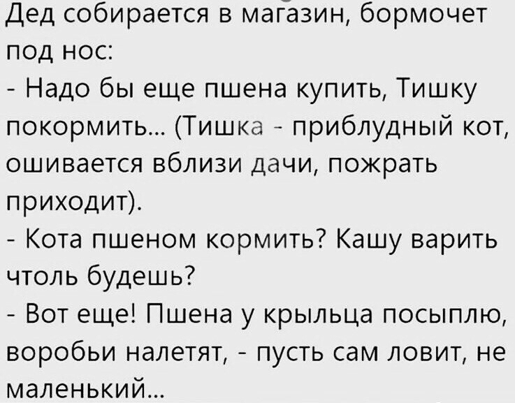 Дед собирается в магазин бормочет под нос Надо бы еще пшена купить Тишку покормить Тишка приблудный кот ошивается вблизи дачи пожрать приходит Кота пшеном кормить Кашу варить чтоль будешь Вот еще Пшена у крыльца посыплю воробьи налетят пусть сам ловит не маленький