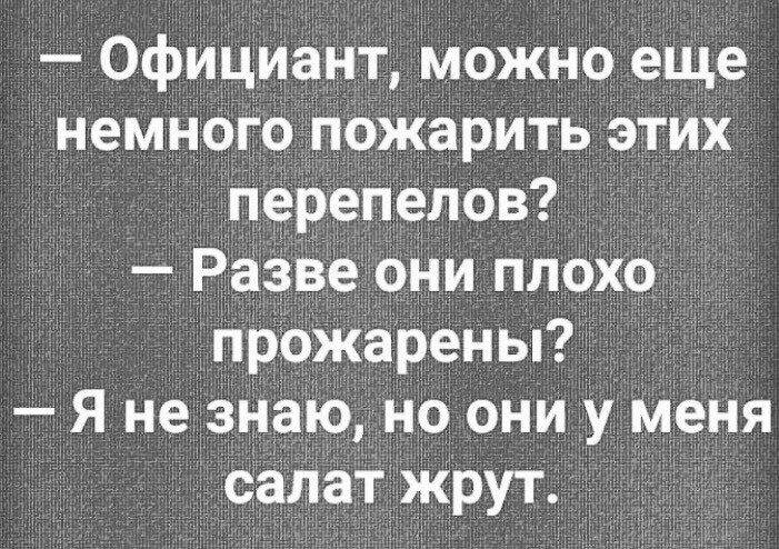 Официант можно еще немного пожарить этих перепелов Разве они плохо _ прожарены Я не знаю но они у меня салат жрут