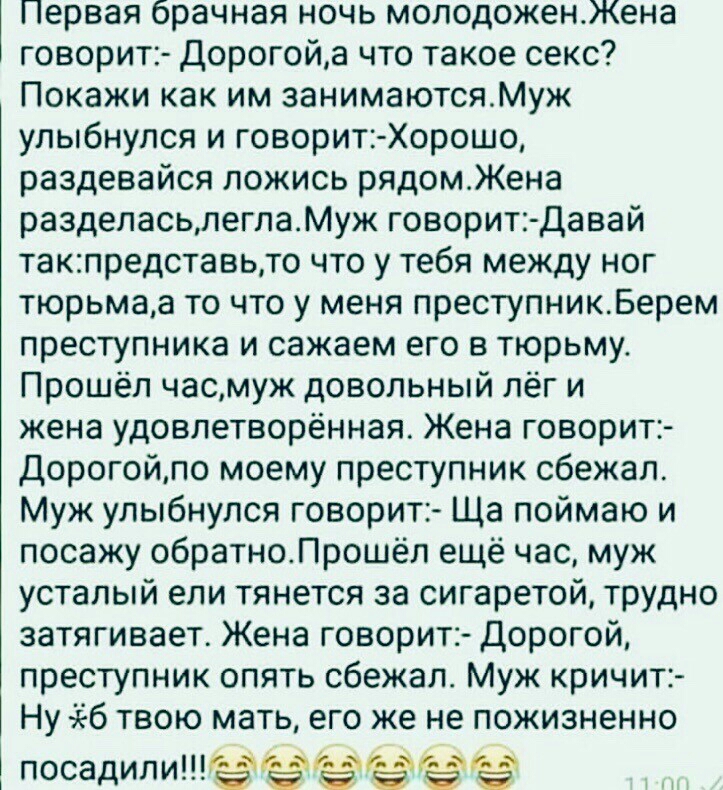 Первая брачная ночь молодоженЖена говорит Дорогойа что такое секс Покажи как им занимаютсяМуж улыбнулся и говорит Хорошо раздевайся ложись рядомЖена разделасьпеглаМуж говорит Давай такпредставьто что у тебя между ног тюрьмаа то что у меня преступникБерем преступника и сажаем его в тюрьму Прошёл часмуж довольный лёг и жена удовлетворённая Жена говорит Дорогойло моему преступник сбежал Муж улыбнулся