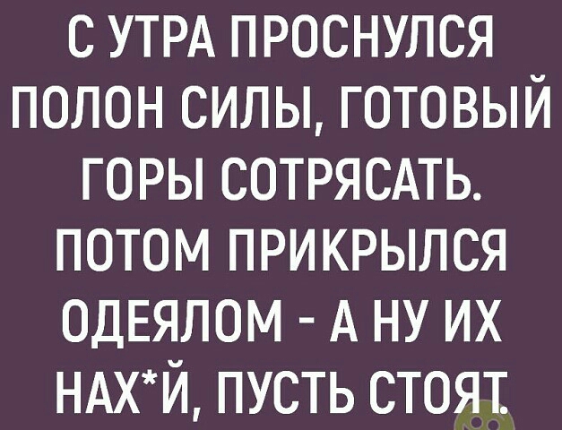 с УТРА проснулся полон силы готовый горы сотрясдть потом прикрылся ОДЕЯЛОМ А ну их ндхй пусть стоят