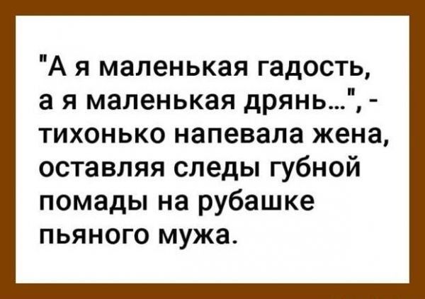 А я маленькая гадость а я маленькая дрянь__ тихонько напевала жена оставляя следы губной помады на рубашке пьяного мужа