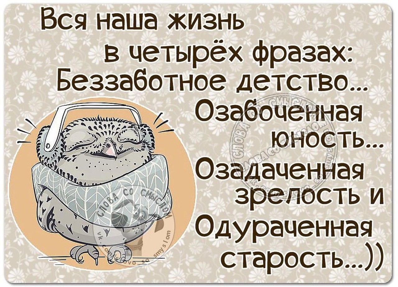 Вся наша жизнь в четырёх фразах Беззаботное детство Озабоченная _ юность Ы Озадаченная зрелость и Одураченная старость