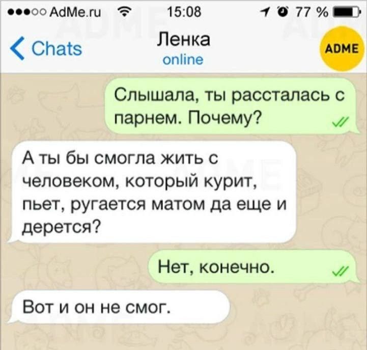 Слышала, ты рассталась с парнем. Почему?
А ты бы смогла жить с человеком, который курит, пьет, ругается матом да еще и дерется? 
Нет, конечно.
Вот и он не смог.