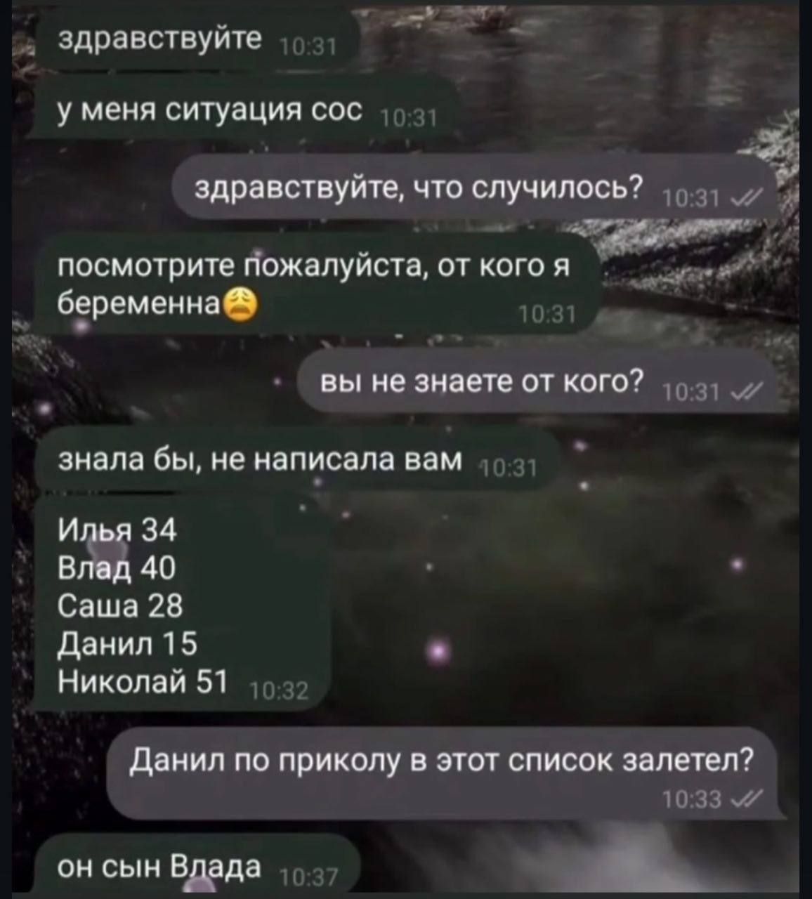 здравствуйте
у меня ситуация сос
здравствуйте, что случилось?
посмотрите пожалуйста, от кого я беременна😩
вы не знаете от кого?
знала бы, не написала вам
Илья 34
Влад 40
Саша 28
Даниил 15
Николай 51
Даниил по приколу в этот список залетел?
он сын Влада