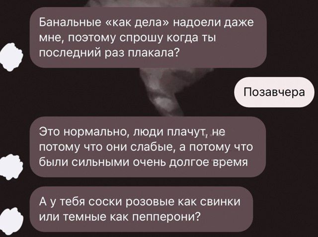 Банальные «как дела» надоели даже мне, поэтому спрошу когда ты последний раз плакала?
Позавчера
Это нормально, люди плачут, не потому что они слабые, а потому что были сильными очень долгое время
А у тебя соскирозовые как свинки или темные как пепперони?