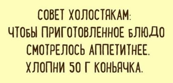 СОВЕТ ХОЛОСТЯКАМ: ЧТОБЫ ПРИГОТОВЛЕННОЕ БЛЮДО СМОТРЕЛОСЬ АППЕТИТНЕЕ. ХЛОПНИ 50 Г КОНЬЯЧКА.