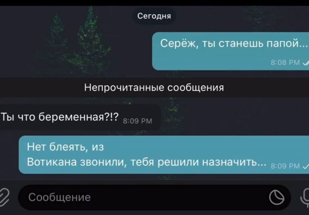 Серёжа, ты станешь папой... Непрочитанные сообщения Ты что беременная?!? Нет блeять, из Вотикана звонили, тебя решили назначить...
