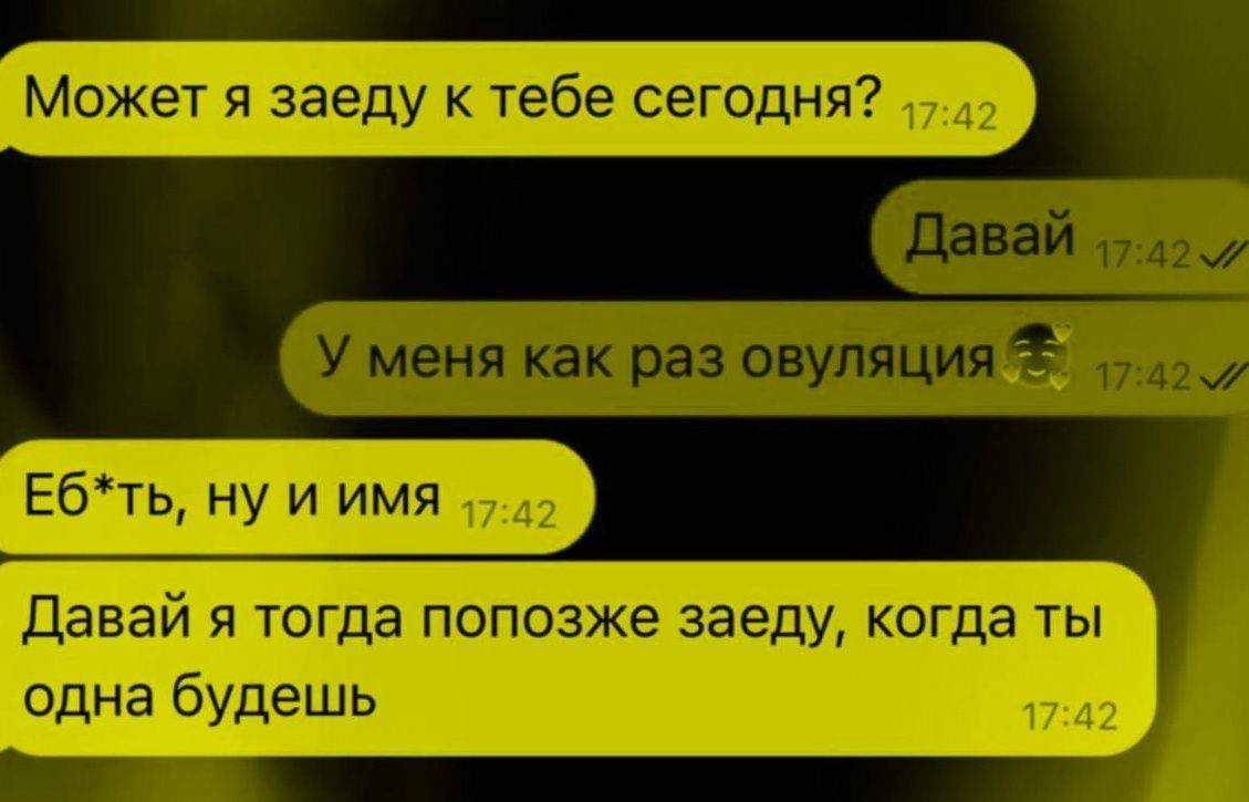 Может я заеду к тебе сегодня? Давай У меня как раз овуляция Еб*ть, ну и имя Давай я тогда попозже заеду, когда ты одна будешь