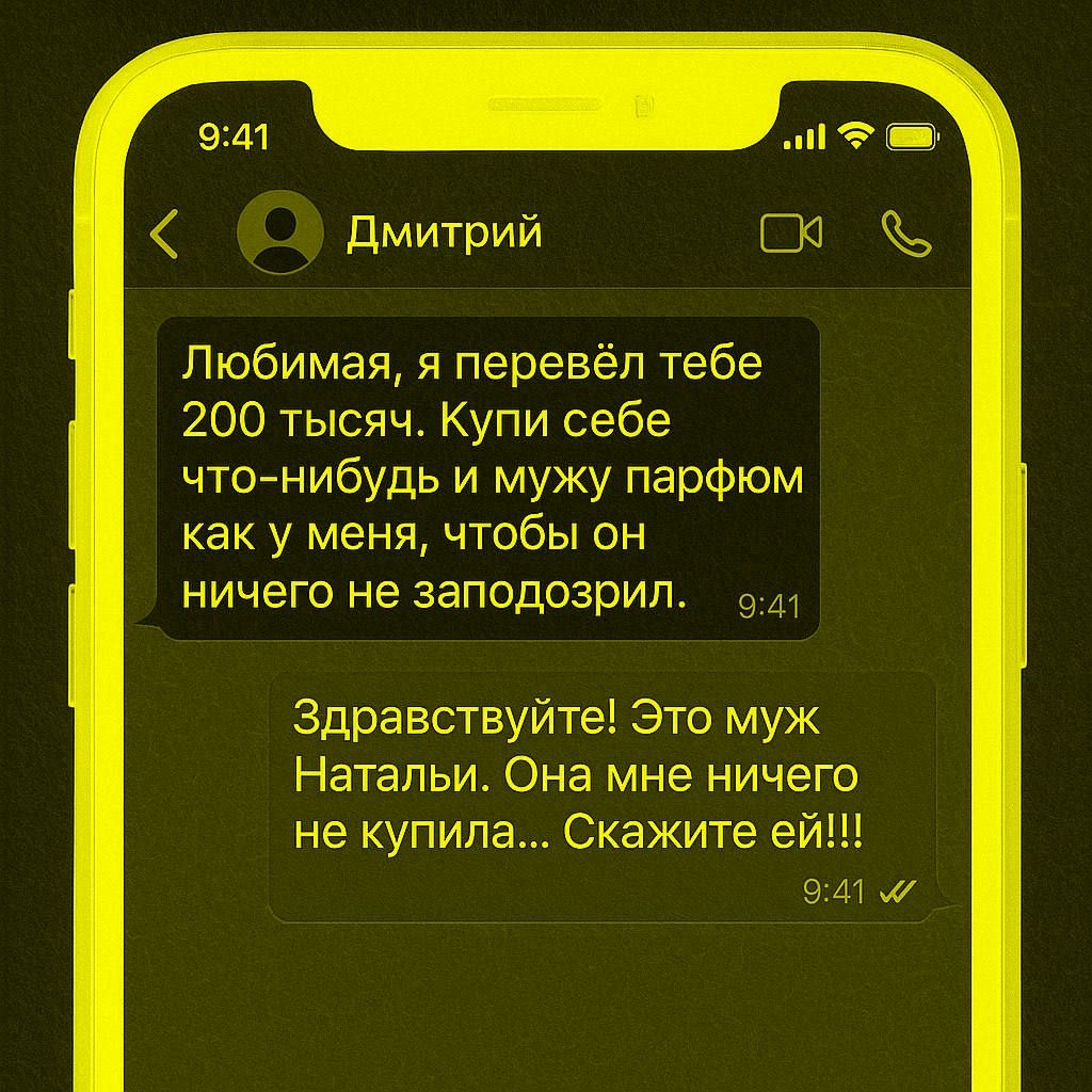 Любимая, я перевёл тебе 200 тысяч. Купи себе что-нибудь и мужу парфюм как у меня, чтобы он ничего не заподозрил.
Здравствуйте! Это муж Натальи. Она мне ничего не купила... Скажите ей!!!