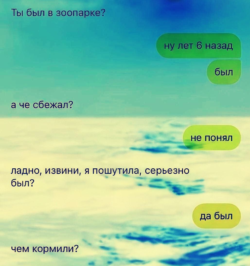 Ты был в зоопаркe?\nну лет 6 назад\nбыл\nа чe сбежал?\nне понял\nладно, извини, я пошутила, серьёзно был?\nда был\nчем кормили?