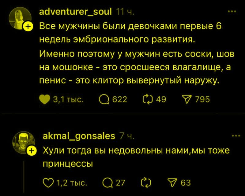 Все мужчины были девочками первые 6 недель эмбрионального развития. Именно поэтому у мужчин есть соски, шов на мошонке - это сросшееся влагалище, а пенис - это клитор вывернутый наружу. Хули тогда вы недовольны нами,мы тоже принцессы