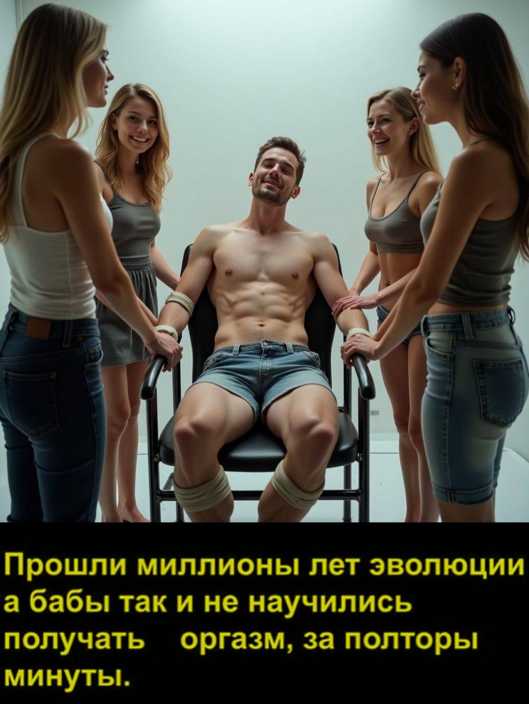 Прошли миллионы лет эволюции а бабы так и не научились получать оргазм, за полторы минуты.