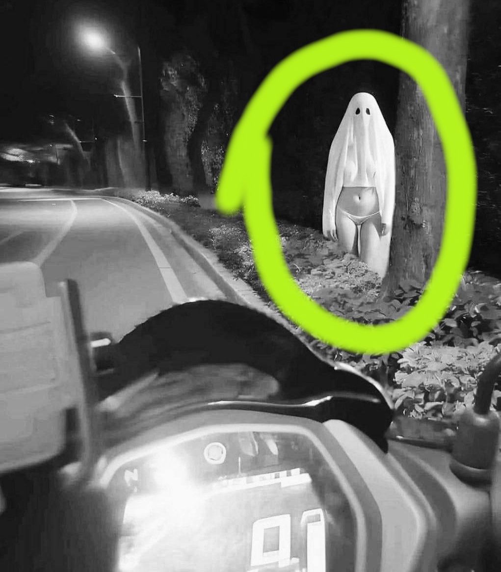 ночной дорожный кадр: призрак в белом на фоне кустов у дороги