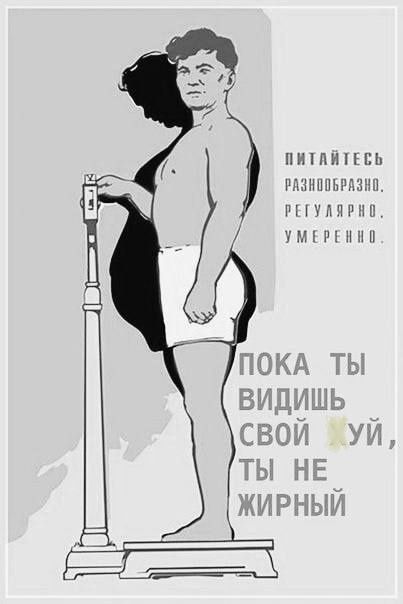 Питайтесь разнообразно. Регулярно. Умеренно. Пока ты видишь свой живот, ты не жирный