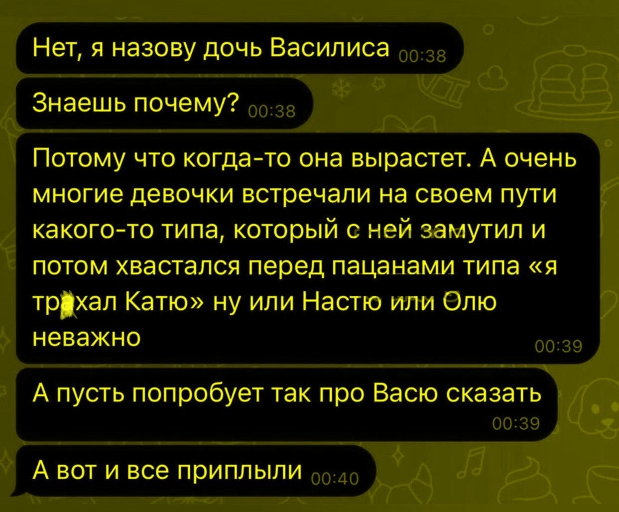 Нет, я назову дочь Василиса\nЗнаешь почему?\nПотому что когда-то она вырастет. А очень многие девочки встречали на своем пути какого-то типа, который с ней замутил и потом хвастался перед пацанами типа «я трахал Катю» ну или Настю или Олю неважно\nА пусть попробует так про Васю сказать\nА вот и все приплыли