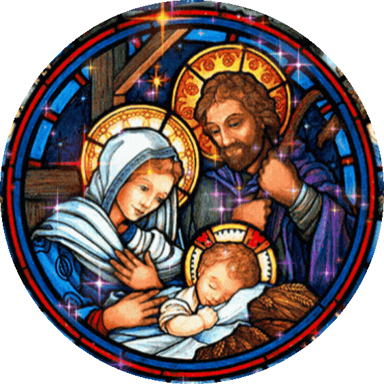 Сцена рождения Христа в витражной композиции (семья, младенец).