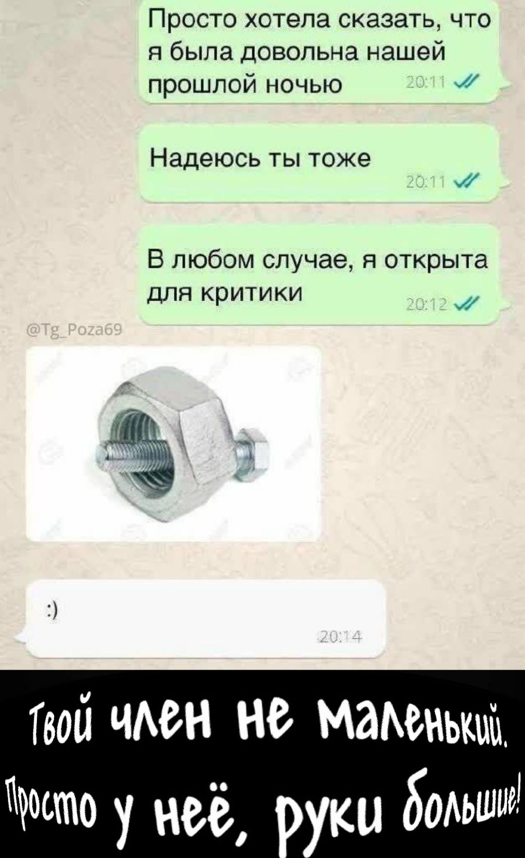 Просто хотела сказать, что я была довольна нашей прошлой ночью Надеюсь ты тоже В любом случае, я открыта для критики :) Твой член не маленький, Просто у неё, руки большие!