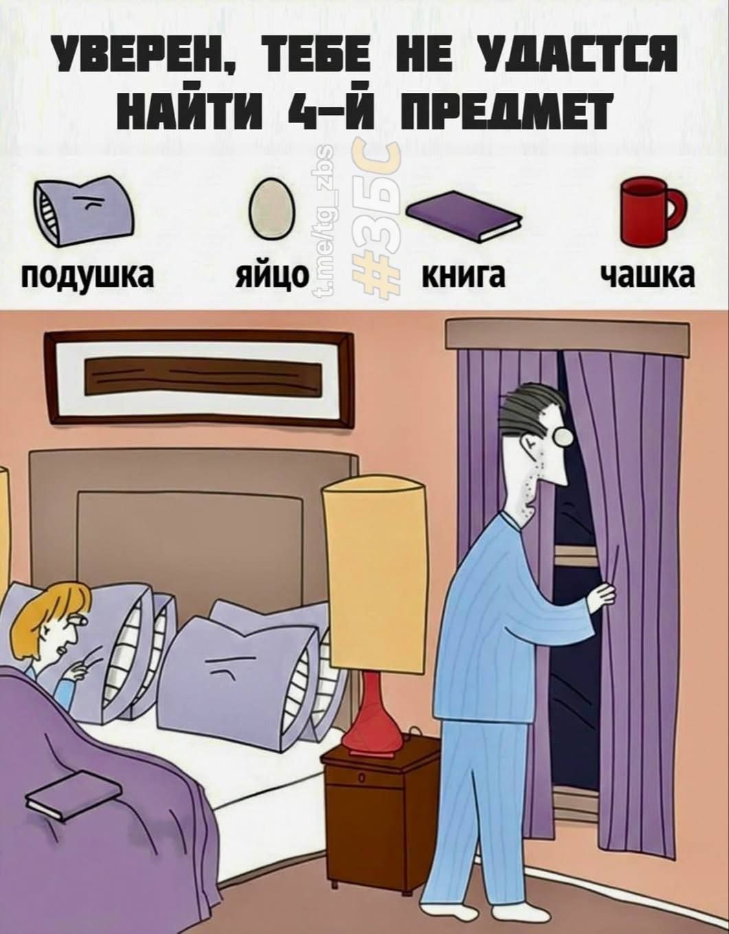 Уверен, тебе не удастся найти 4-й предмет
подушка  яйцо  книга  чашка