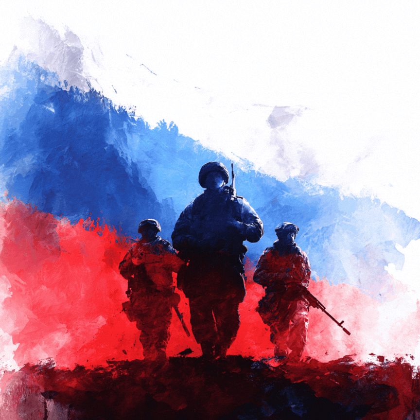 Силуэты солдат на фоне красно-синего флага.