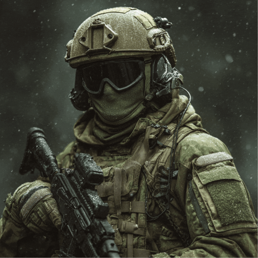 солдат в тактическом снаряжении на фоне снега