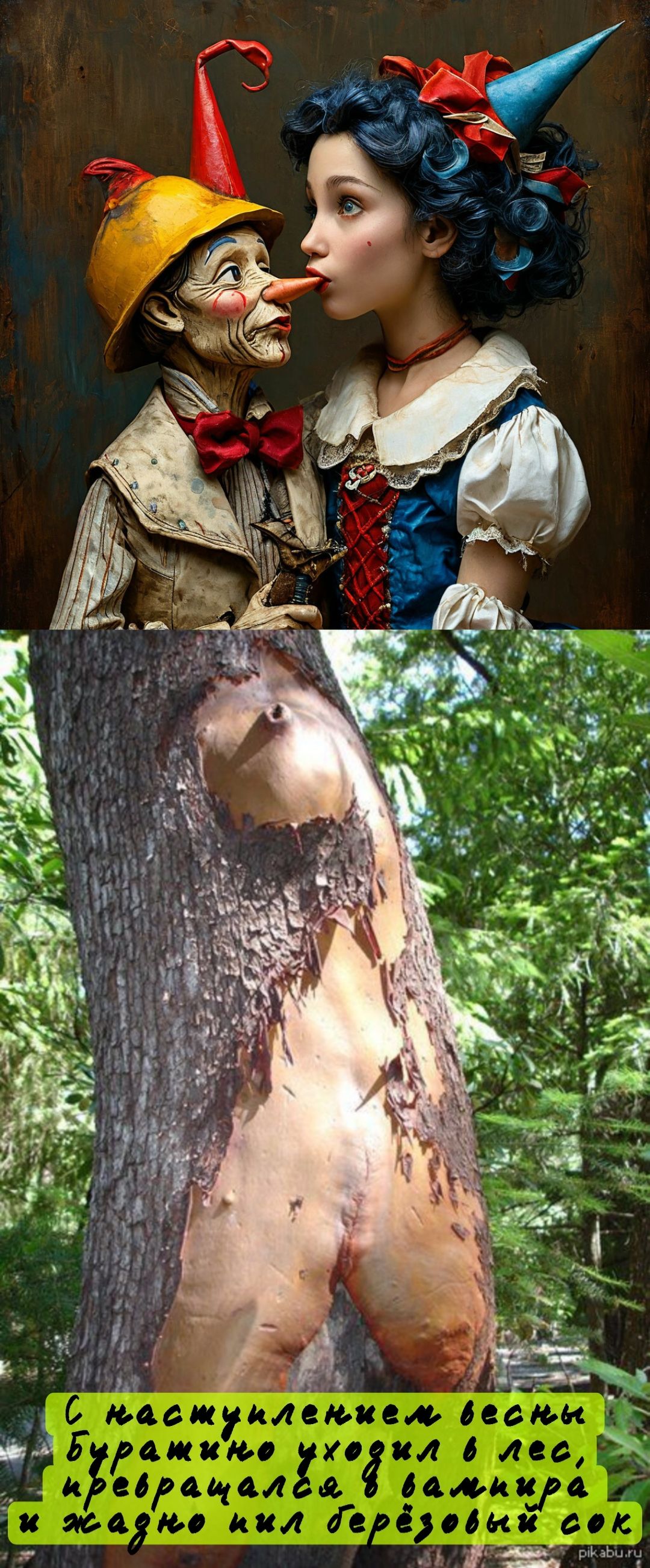 Коллаж: кукольный Пиноккио и Белоснежка целуются; нижний кадр с торсом, вырезанным на коре дерева